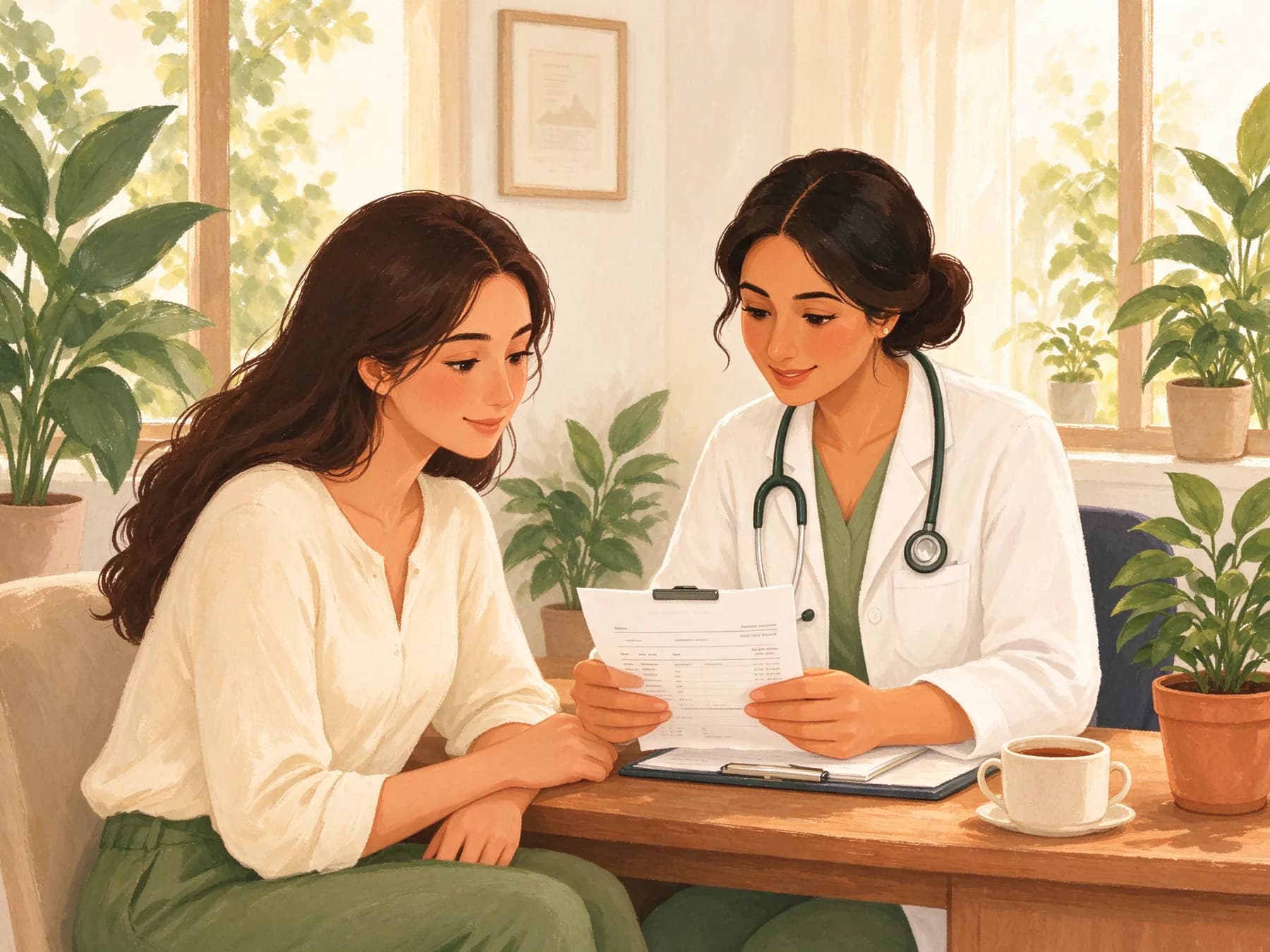 A doctor and a woman reading a blood test report together
