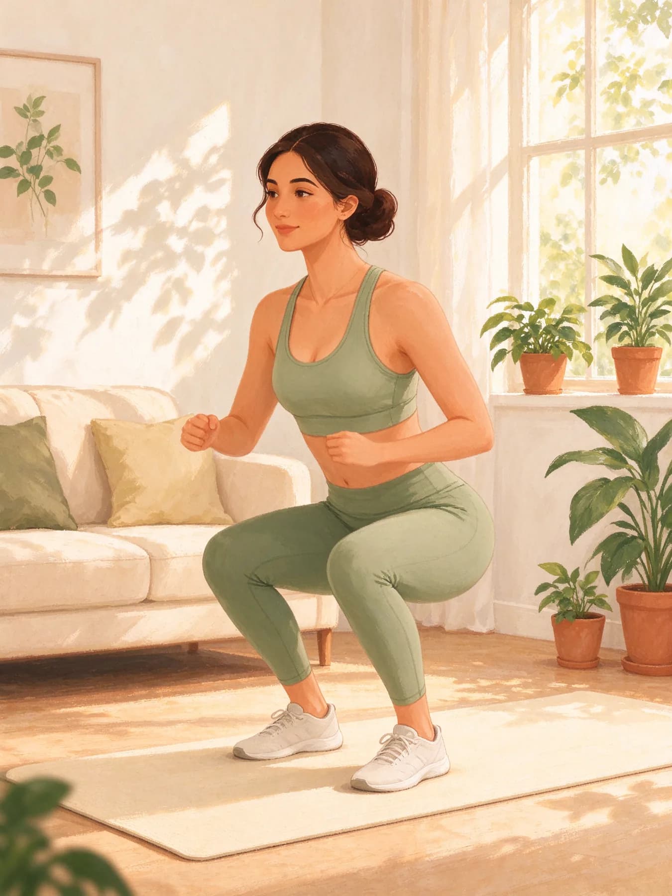 A woman doing a squat on a mat at home