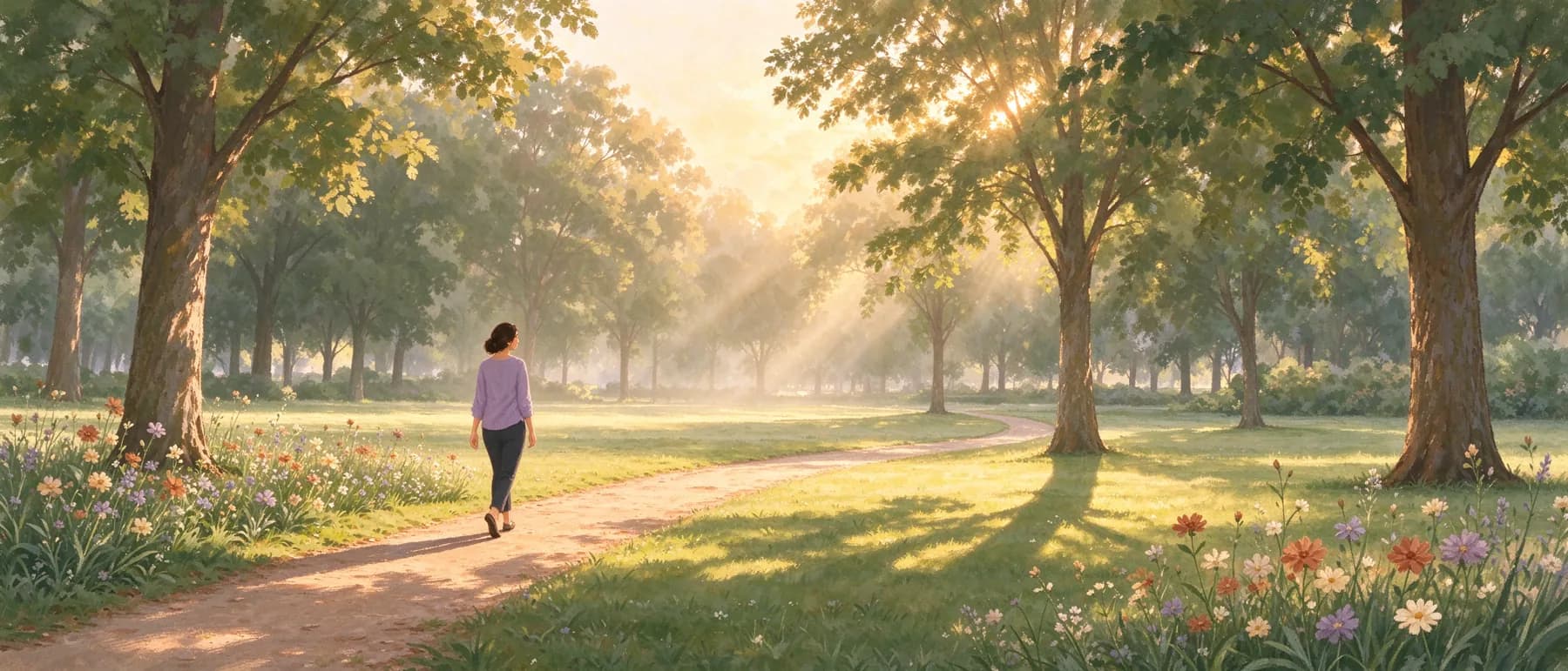 A woman walking a park path at sunrise