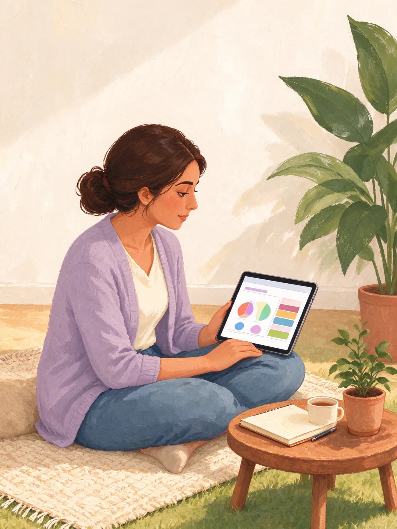 A young woman reading her wellness plan on a tablet
