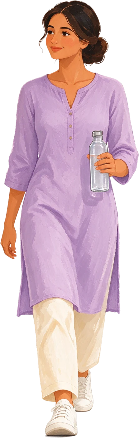 A woman walking forward with a water bottle