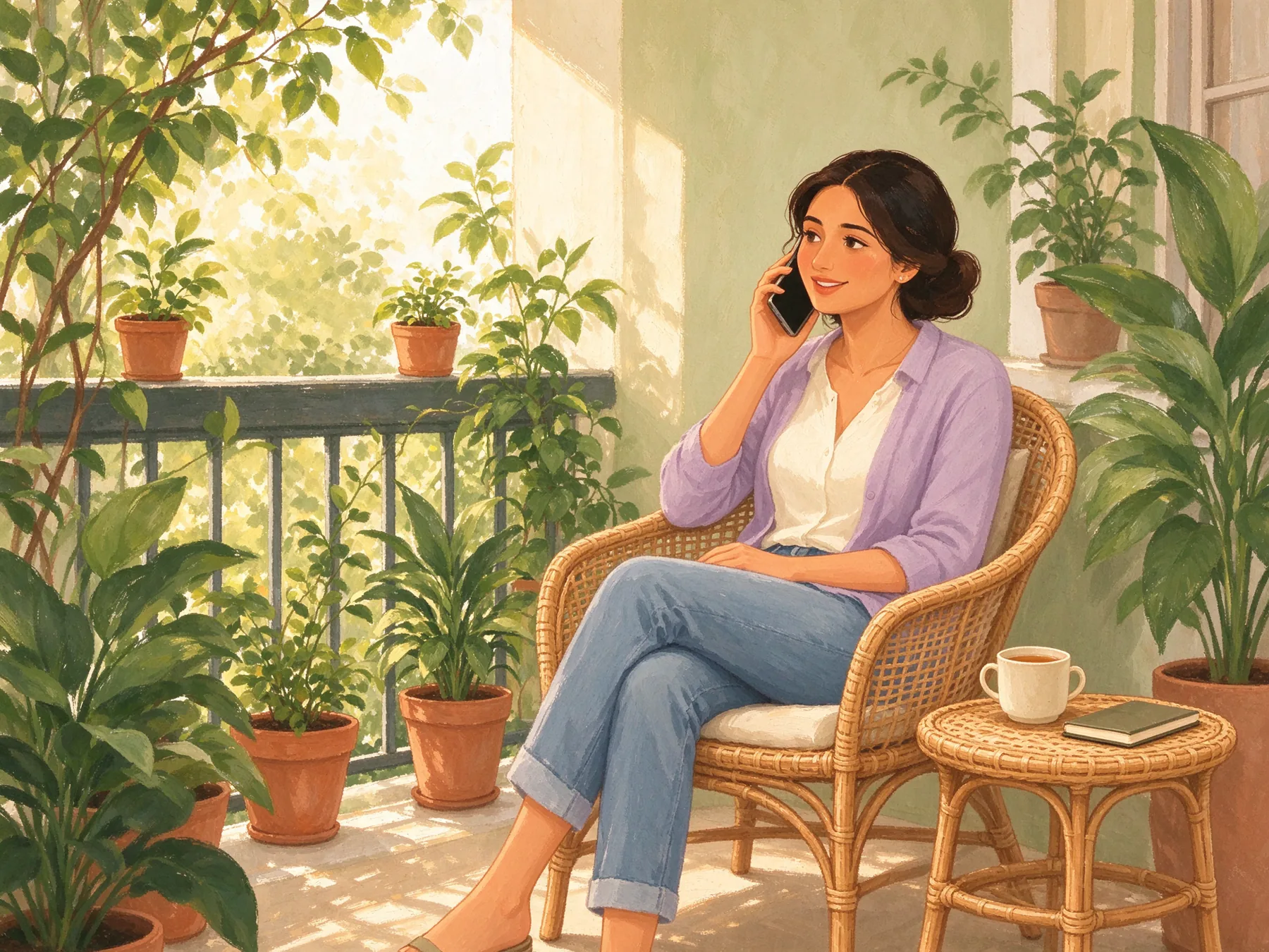 A young woman on a phone call on her balcony