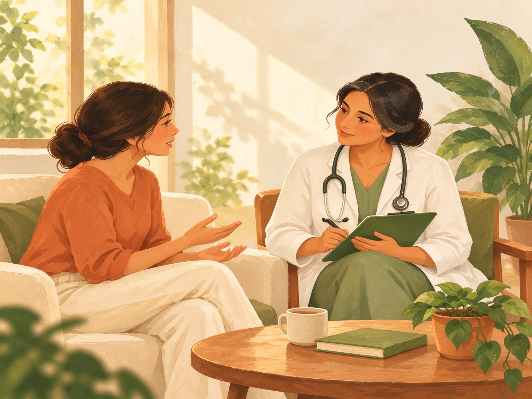 A doctor listening and taking notes while a young woman talks