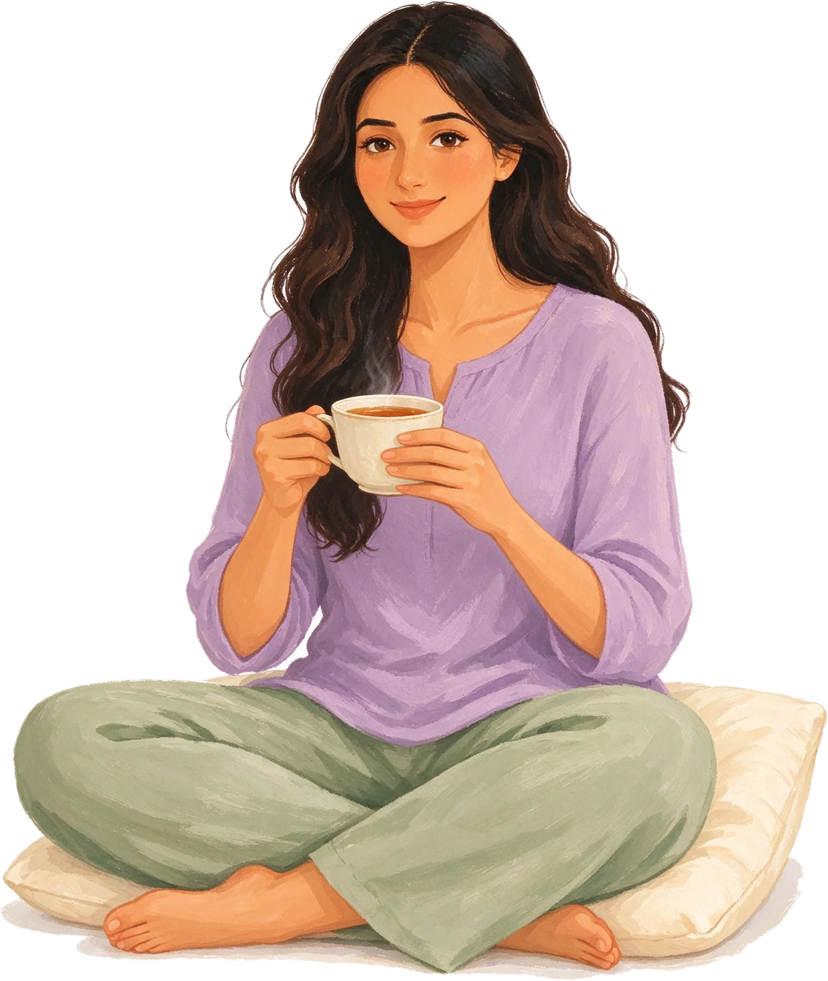 A woman sitting cross-legged with a cup of tea